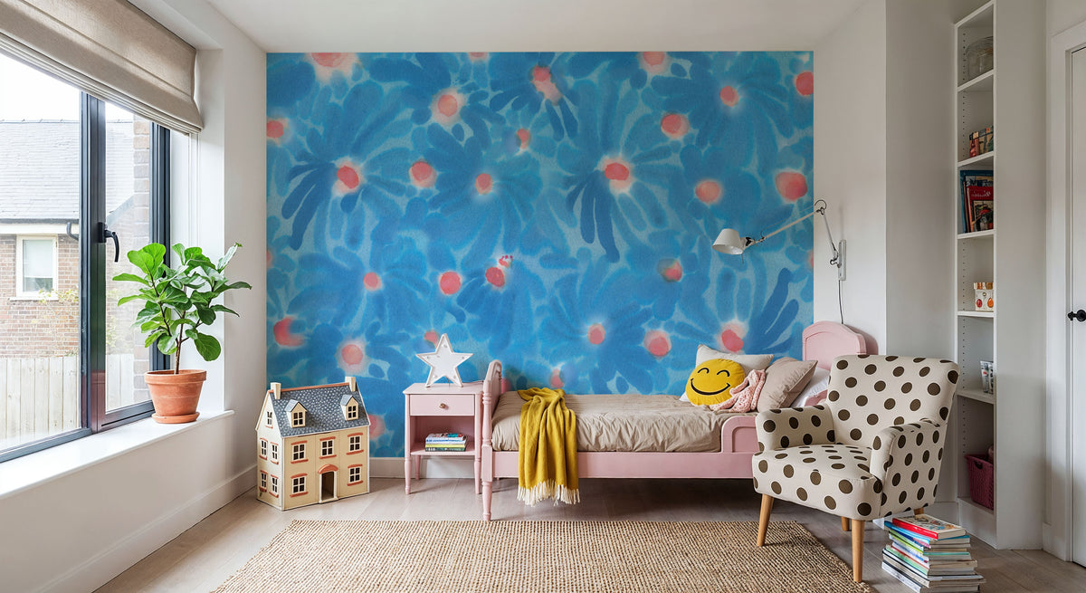 August Blossoms, Blue Mural Wallpaper - room preview 06
