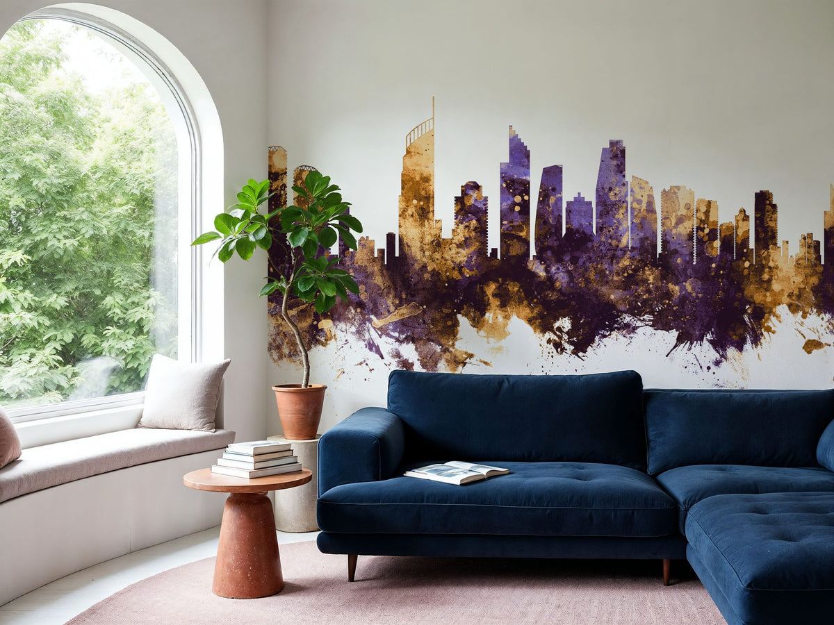 Gold Coast Australia Skyline Purple & Gold Mural Wallpaper - room preview 06