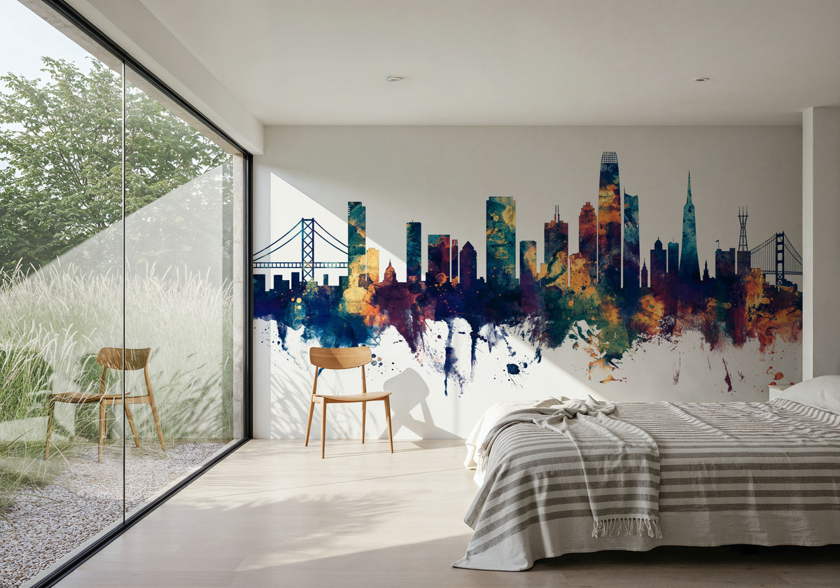 San Francisco Skyline Blue & Bronze Mural Wallpaper - room preview 06