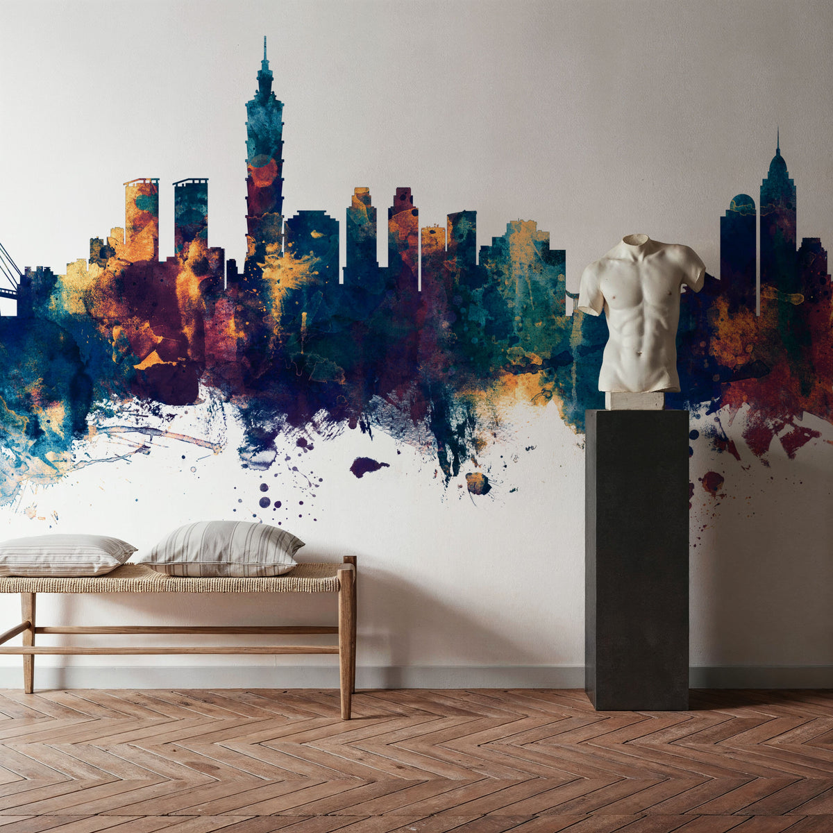 Taipei Taiwan Skyline Blue & Bronze Mural Wallpaper - room preview 06