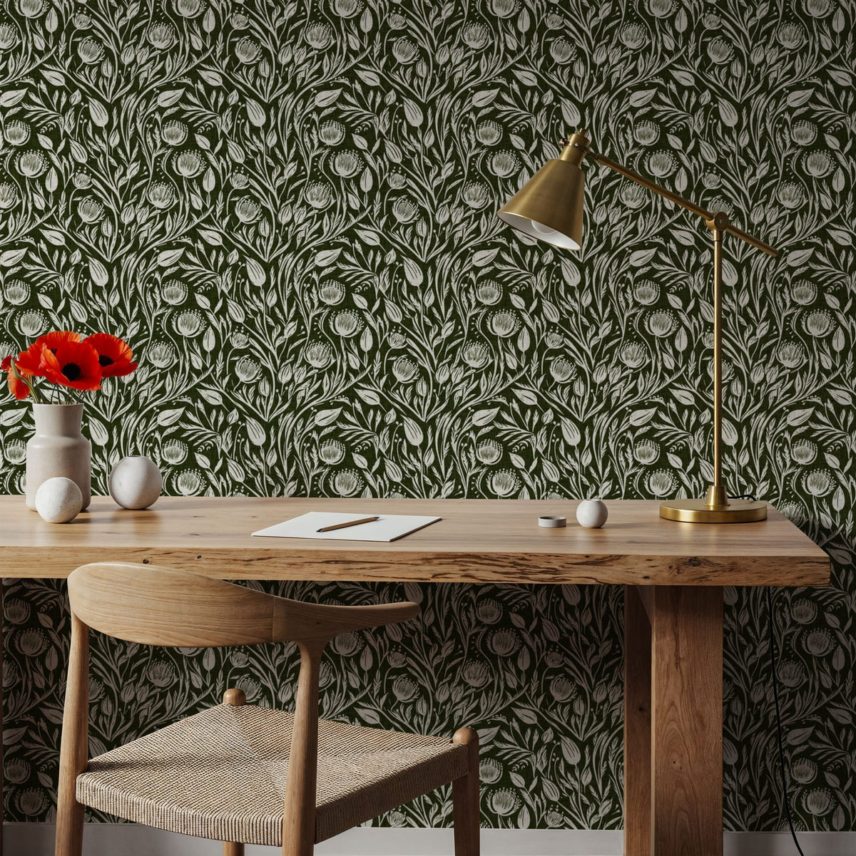 Red Clovers, Forest Green Mural Wallpaper - room preview 06