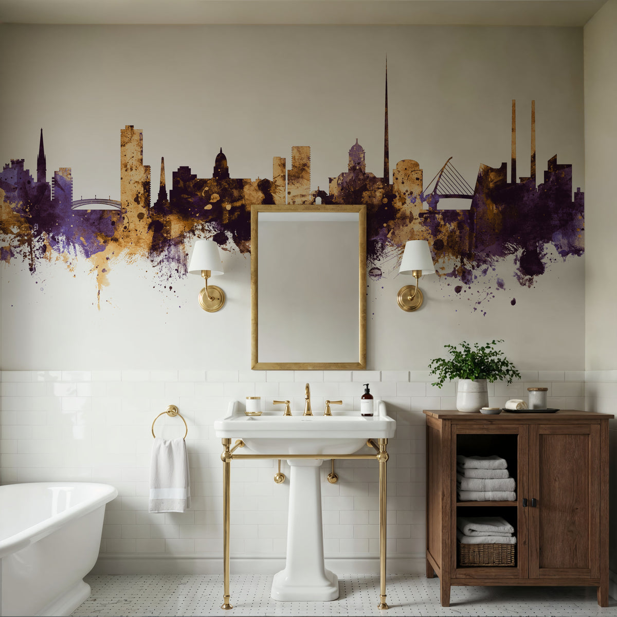 Dublin Ireland Skyline Purple & Gold Mural Wallpaper - room preview 06