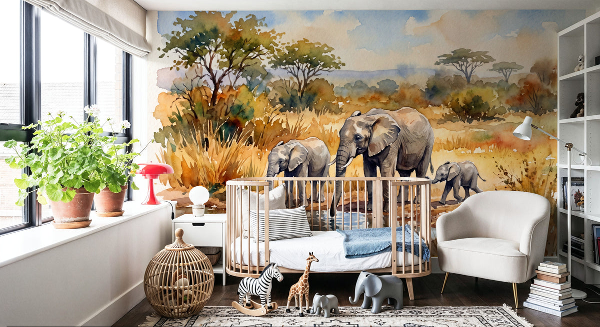 Elephants by the Water Hole - Watercolor Landscapes Series Mural Wallpaper - room preview 06