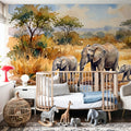 Elephants by the Water Hole - Watercolor Landscapes Series Mural Wallpaper - room preview 06