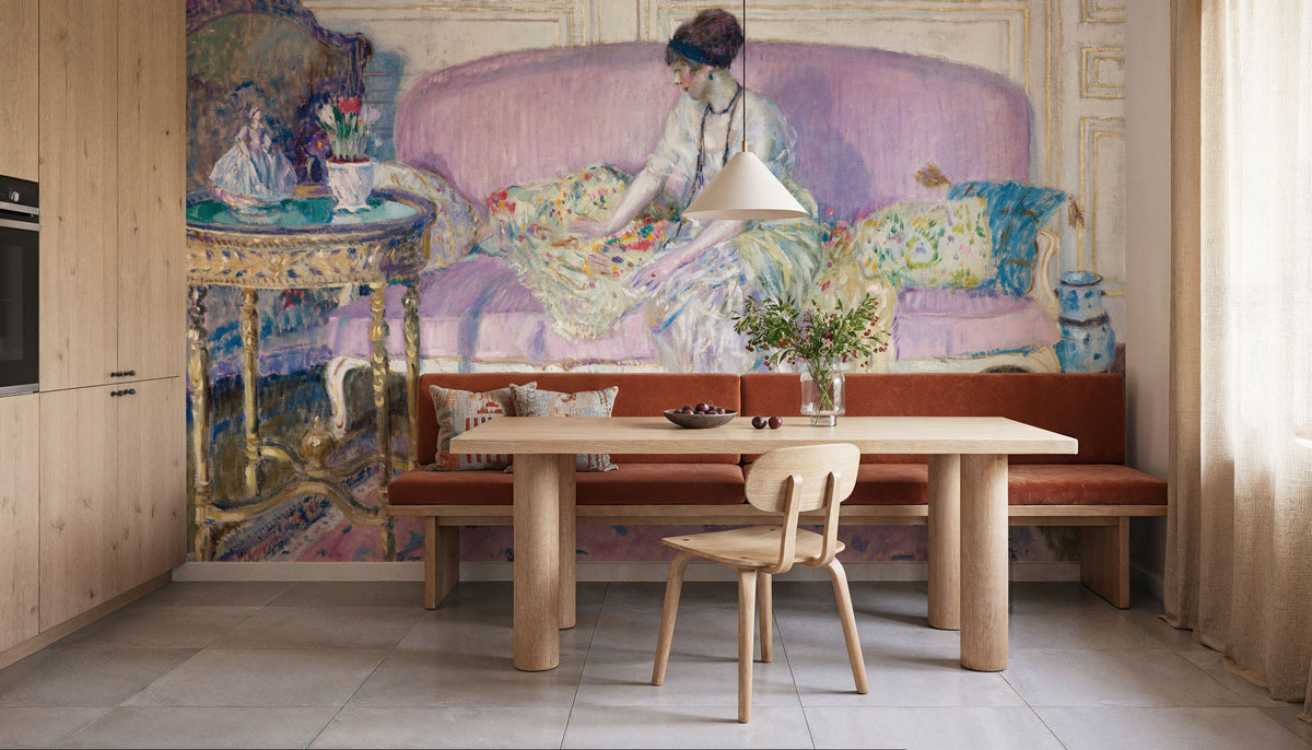 Woman Seated on Interior Sofa Mural Wallpaper - room preview 06