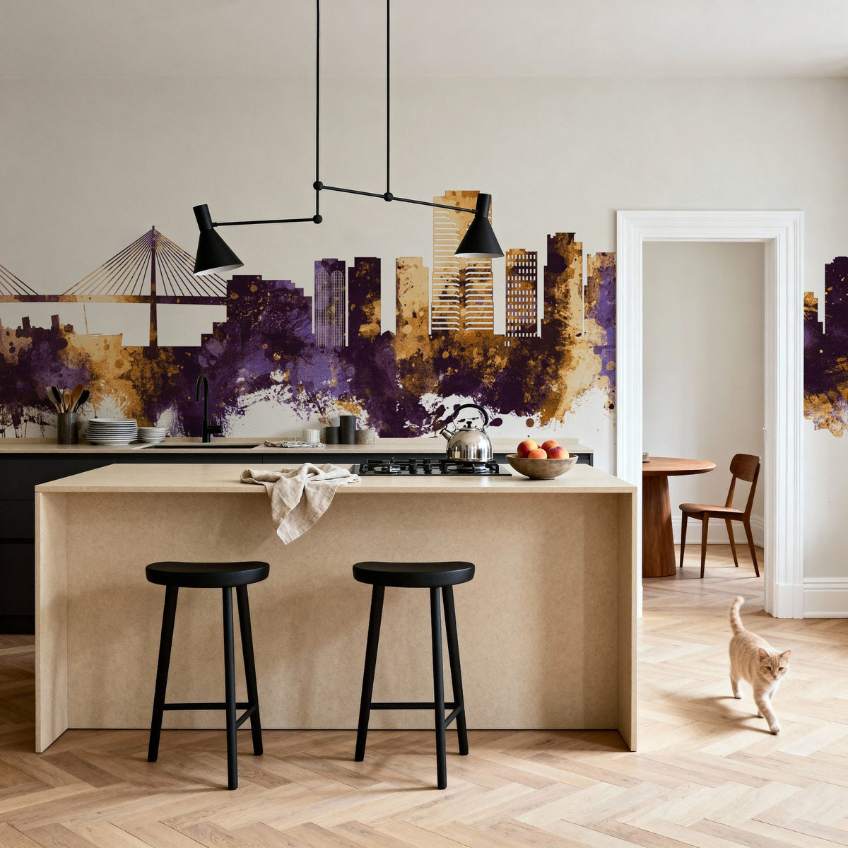 Long Beach California Skyline Purple & Gold Mural Wallpaper - room preview 06