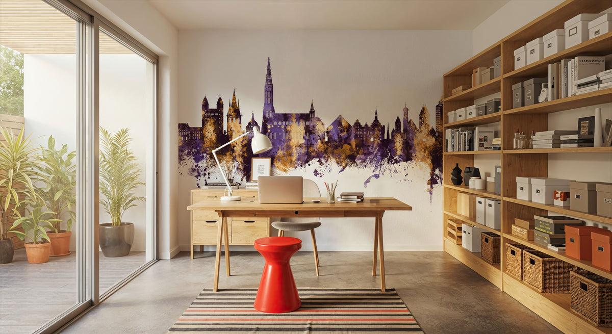 Ulm Germany Skyline Purple & Gold Mural Wallpaper - room preview 06