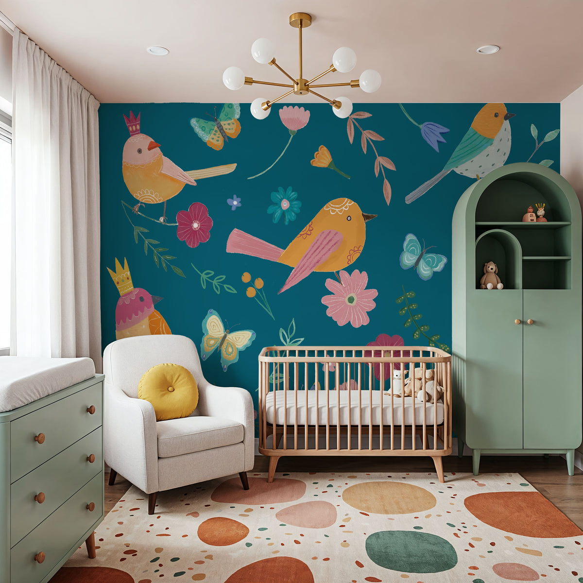 Royal Birds on Blue Mural Wallpaper - room preview 06