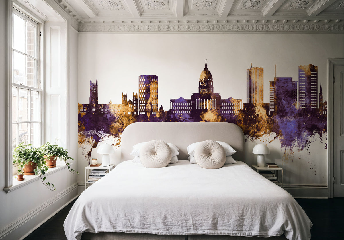 Topeka Wyoming Skyline Purple & Gold Mural Wallpaper - room preview 06