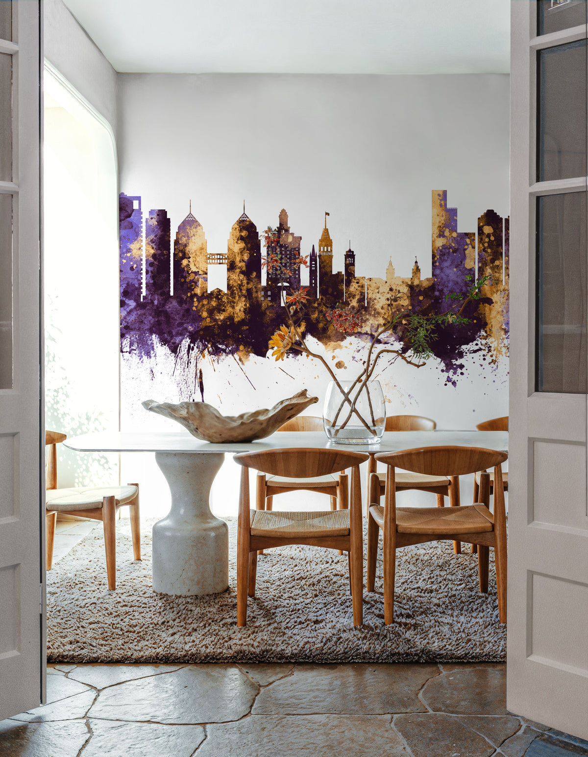 Oakland California Skyline Purple & Gold Mural Wallpaper - room preview 06