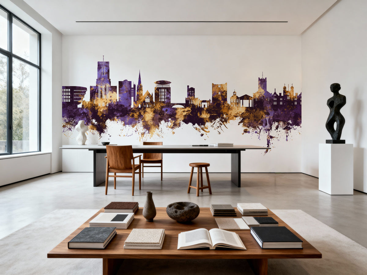 Guildford England Skyline Purpl & Gold Mural Wallpaper - room preview 06