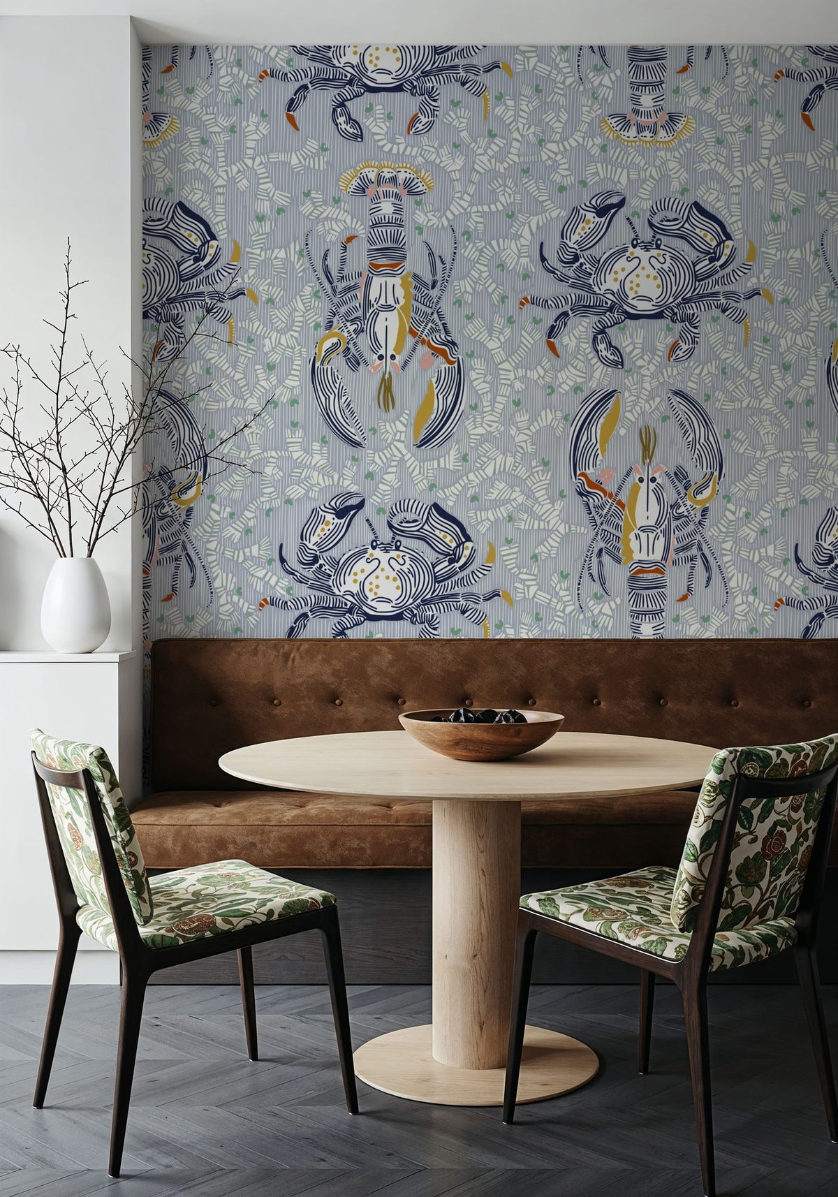 Lobster and Crab Coastal Nostalgia, Grey Mural Wallpaper - room preview 06