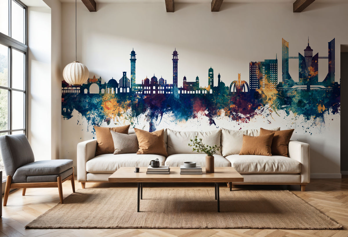 Faislabad Pakistan Skyline Blue & Bronze Mural Wallpaper - room preview 06
