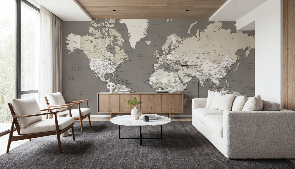 World Map Cities - Earthy Mural Wallpaper - room preview 06