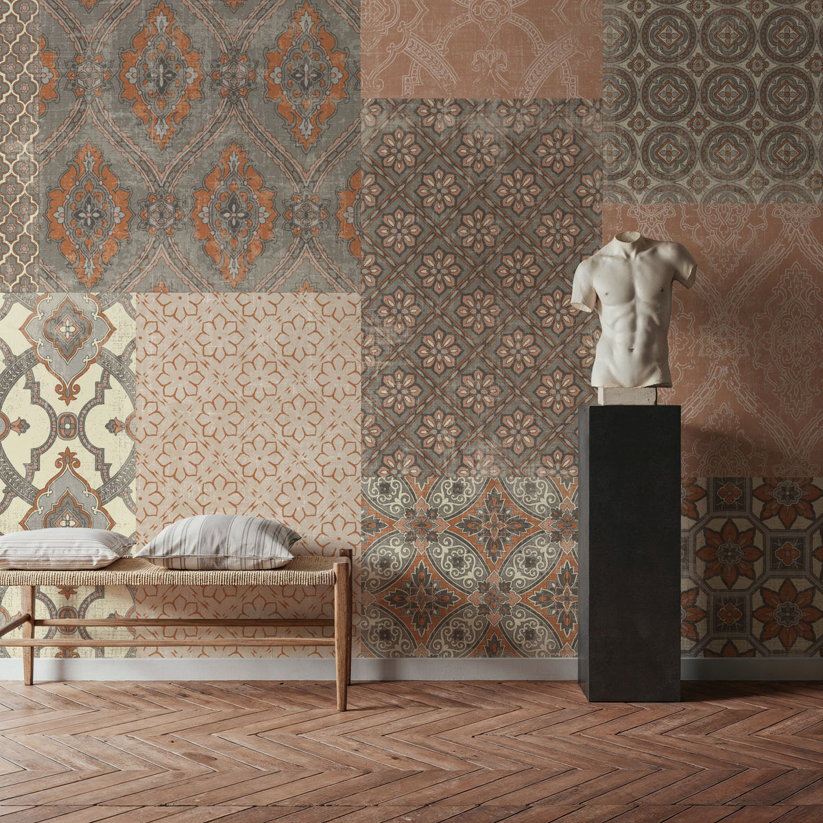Venetian Patchwork I Orange Gray Mural Wallpaper - room preview 06