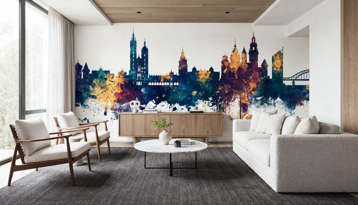 Krakow Skyline Blue & Bronze Mural Wallpaper - room preview 06