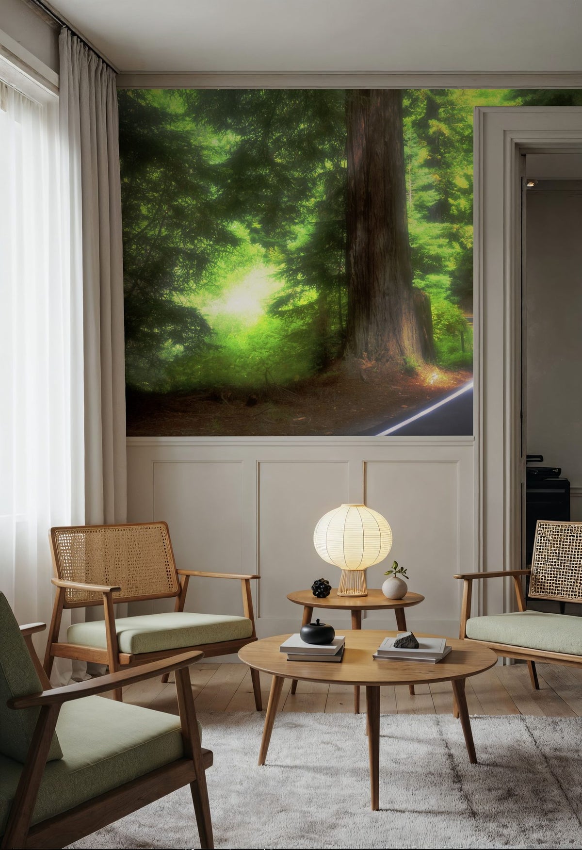 Sunlit Forest Path Mural Wallpaper - room preview 06