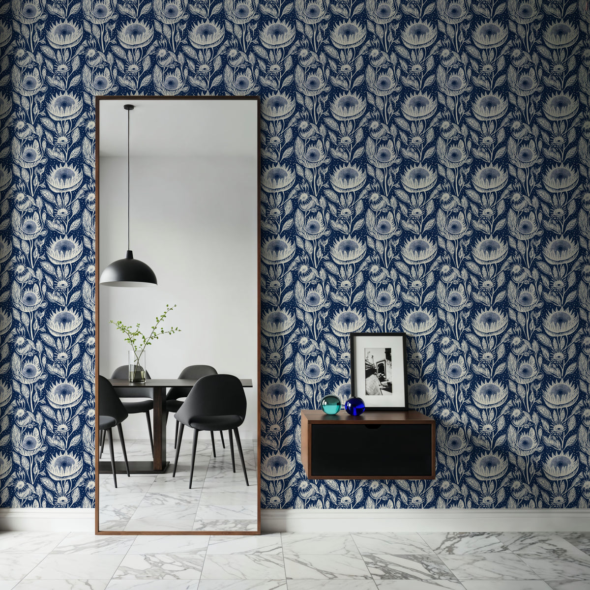 Sunflower Buds, Indigo Blue Mural Wallpaper - room preview 06
