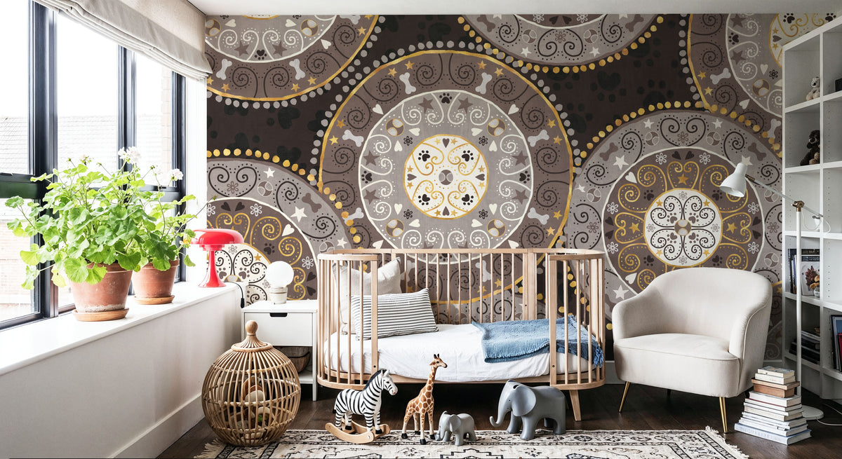 Otomi Dogs VI Dark Neutral Mural Wallpaper - room preview 06