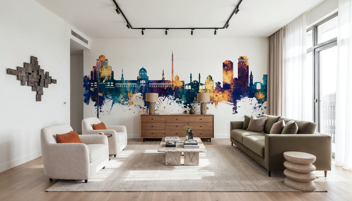 Damascus Syria Skyline Blue & Bronze Mural Wallpaper - room preview 06