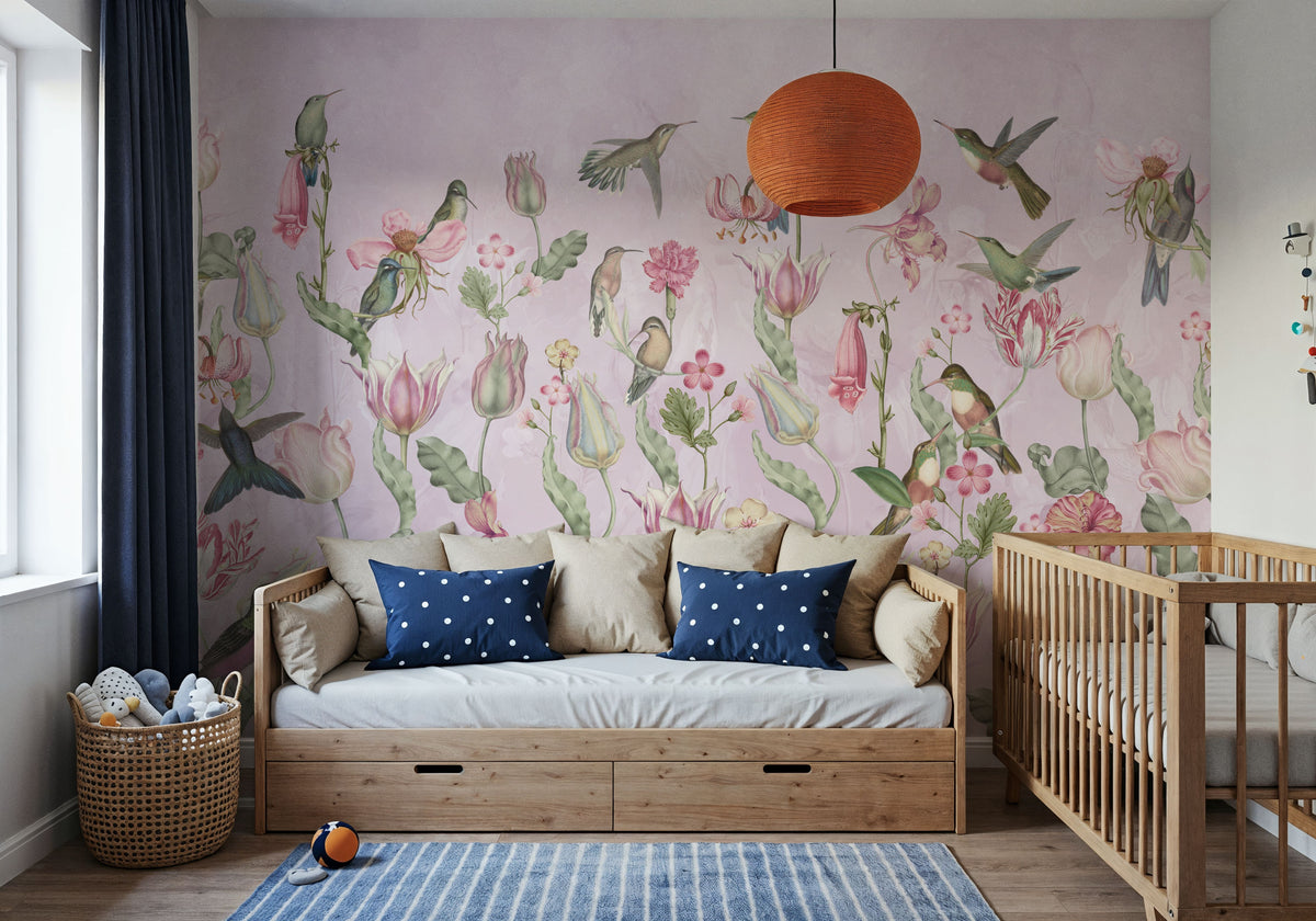 Tulips & Birds, Soft Pink Mural Wallpaper - room preview 06