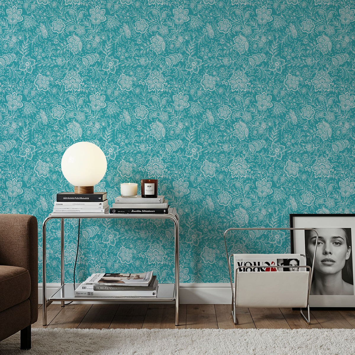 Kala Flowers White on Turqouise Mural Wallpaper - room preview 06
