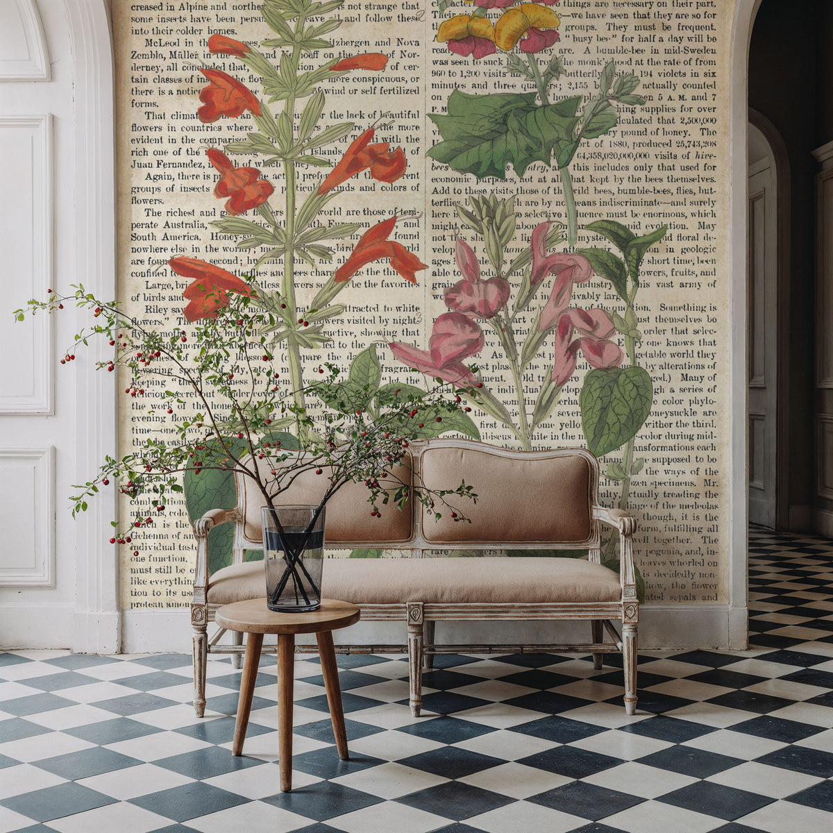 Salvia Florals on Newsprint I Mural Wallpaper - room preview 06