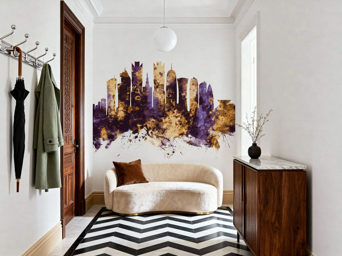 Doha Qatar Skyline Purpl & Gold Mural Wallpaper - room preview 06