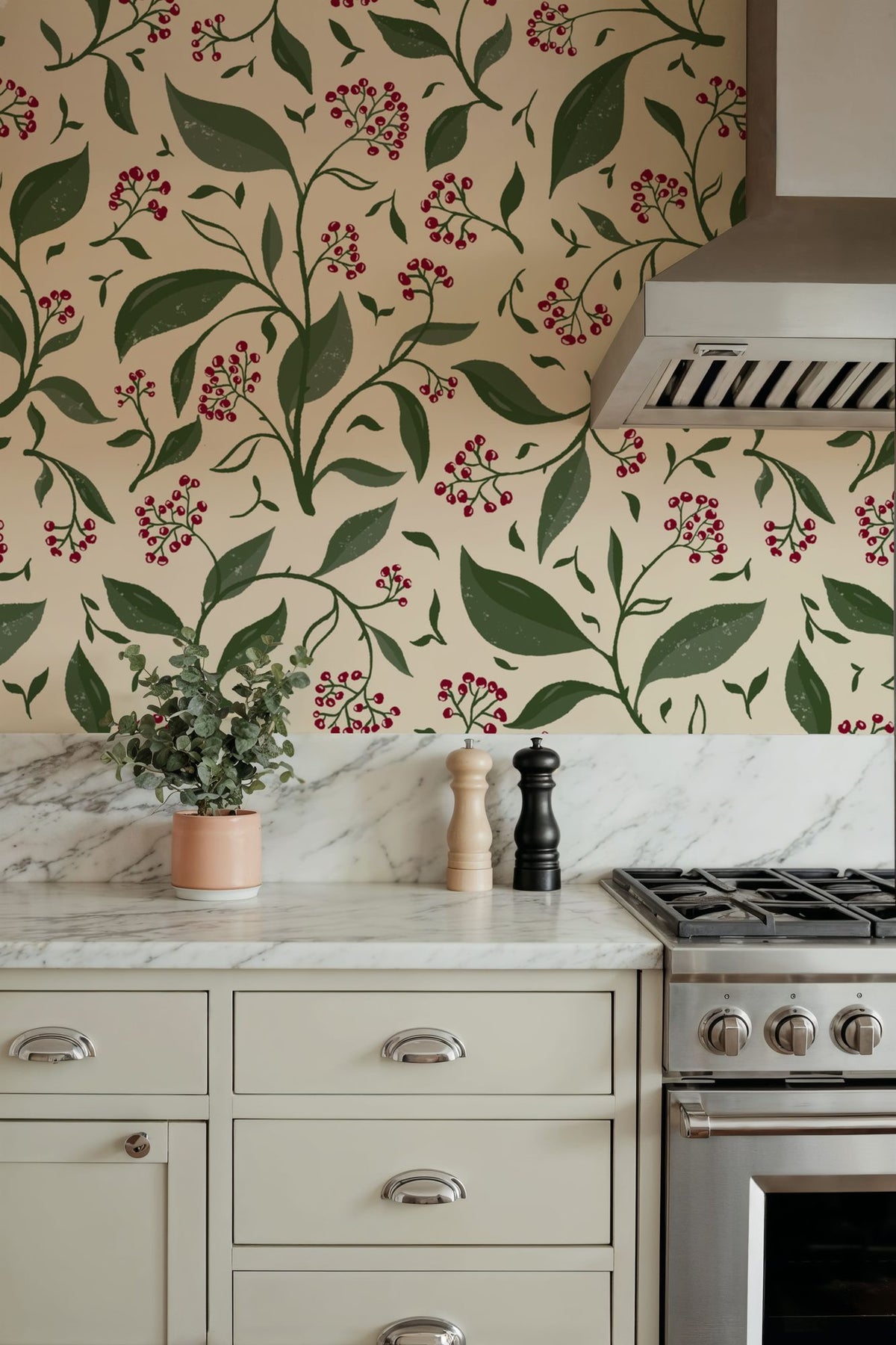 Winter Berries, Cream Mural Wallpaper - room preview 06