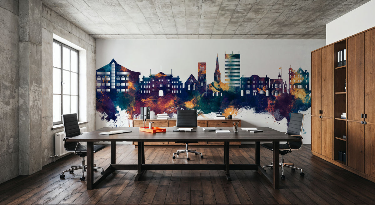Maidstone England Skyline Blue & Bronze Mural Wallpaper - room preview 06
