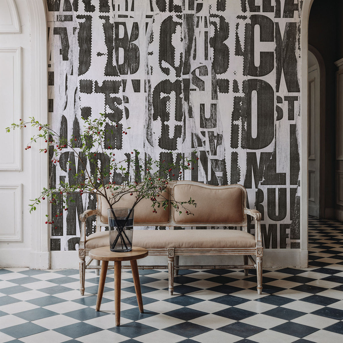 Letterpress Vintage Newspaper Collage, Grunge Mural Wallpaper - room preview 06