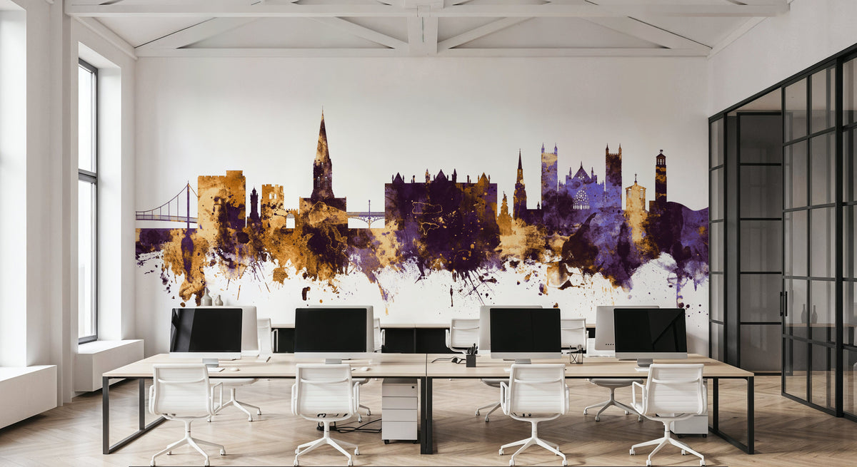 Exeter England Skyline Purple & Gold Mural Wallpaper - room preview 06