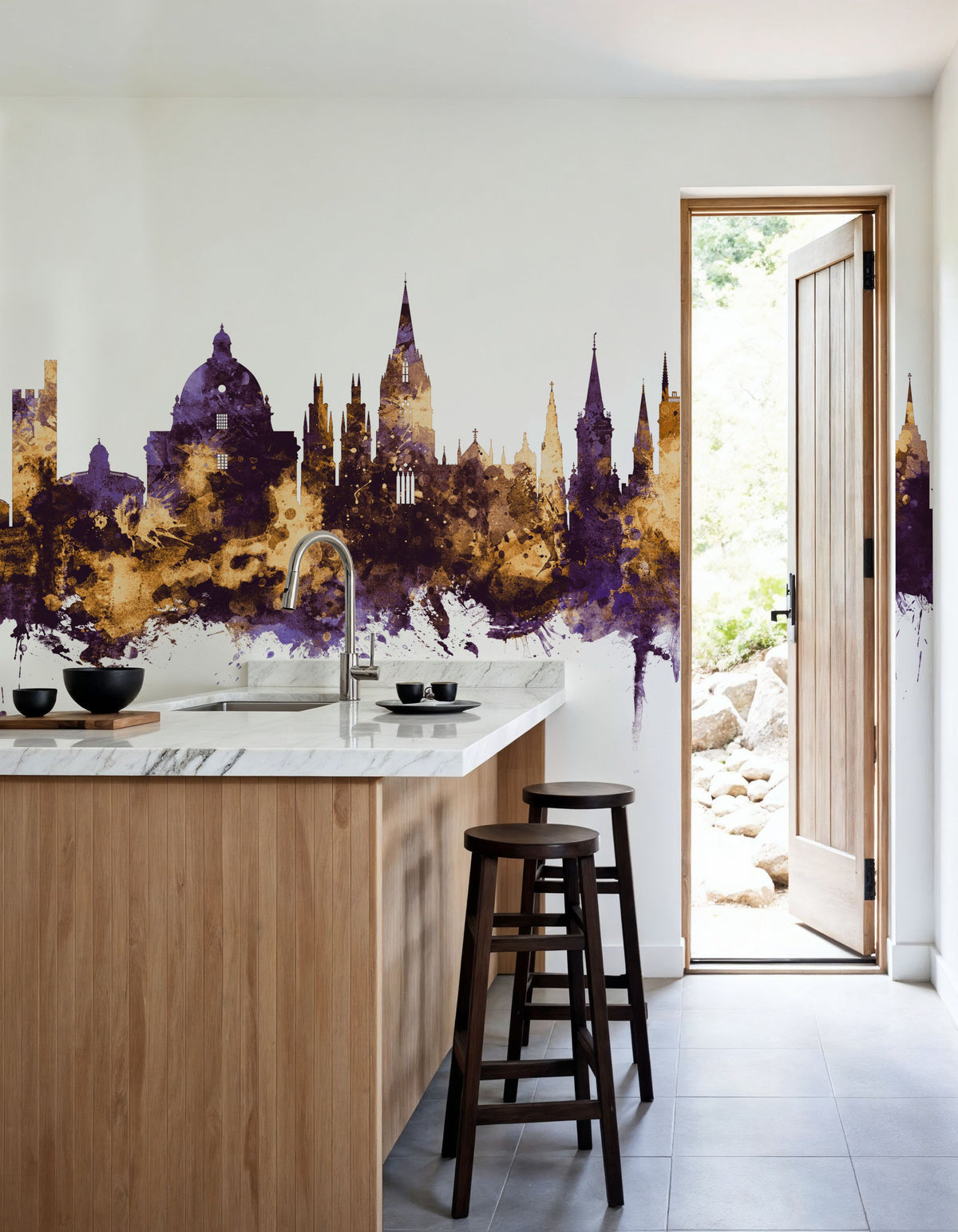 Oxford England Skyline Purple & Gold Mural Wallpaper - room preview 06