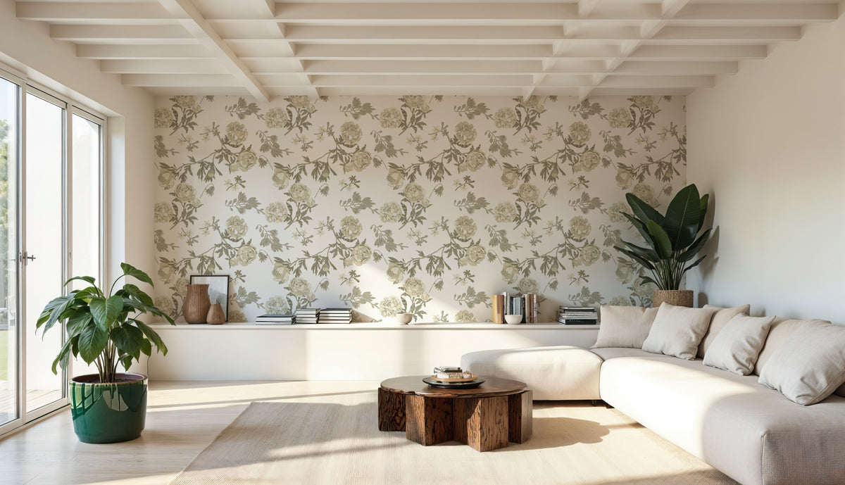 Peony Passion, Khaki on White Mural Wallpaper - room preview 06