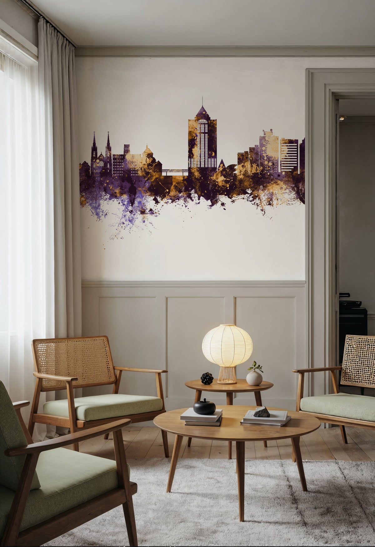 Roanoke Virginia Skyline Purple & Gold Mural Wallpaper - room preview 06