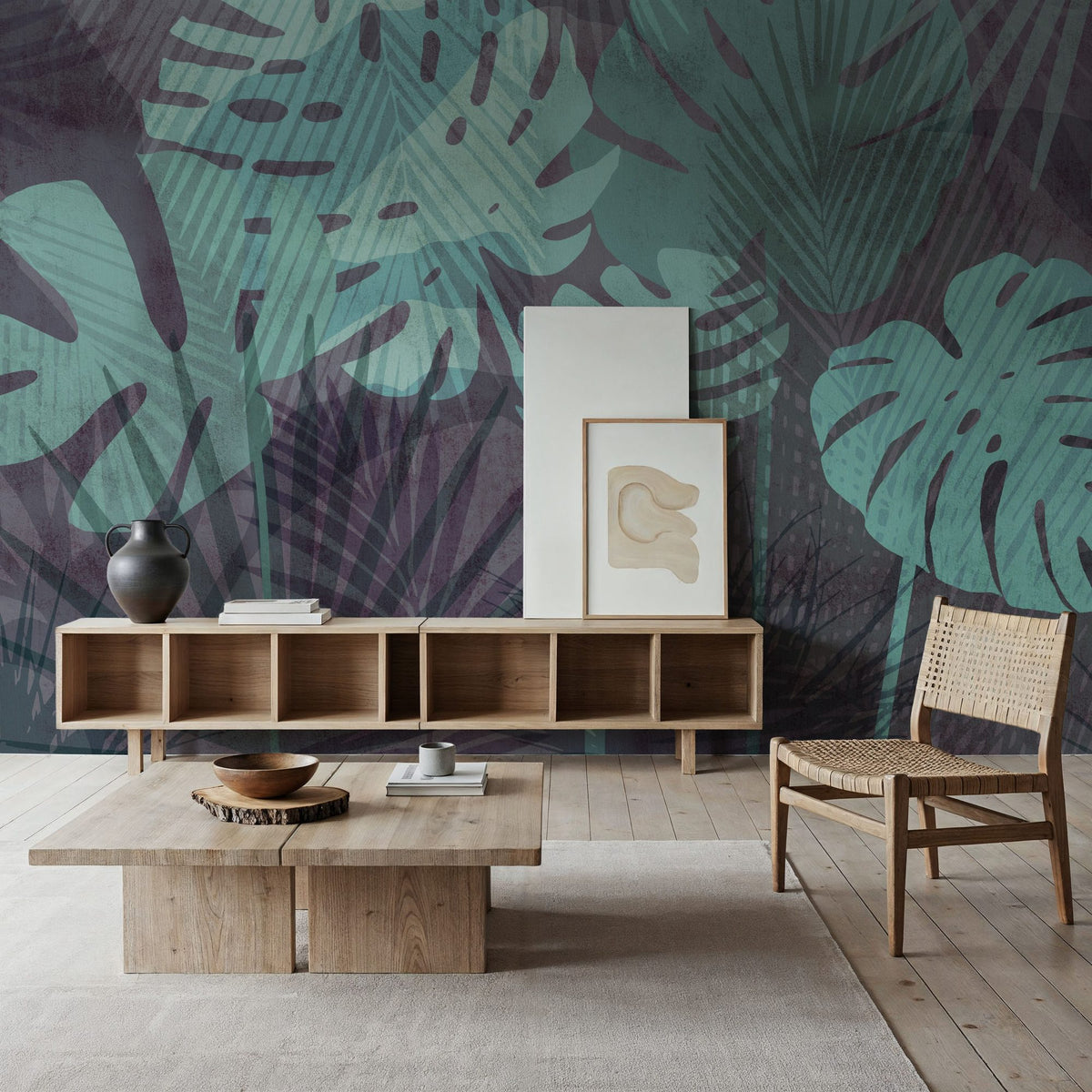 Big Monstera Leaves, Cyan Mural Wallpaper - room preview 06