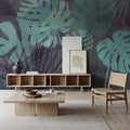 Big Monstera Leaves, Cyan Mural Wallpaper - room preview 06