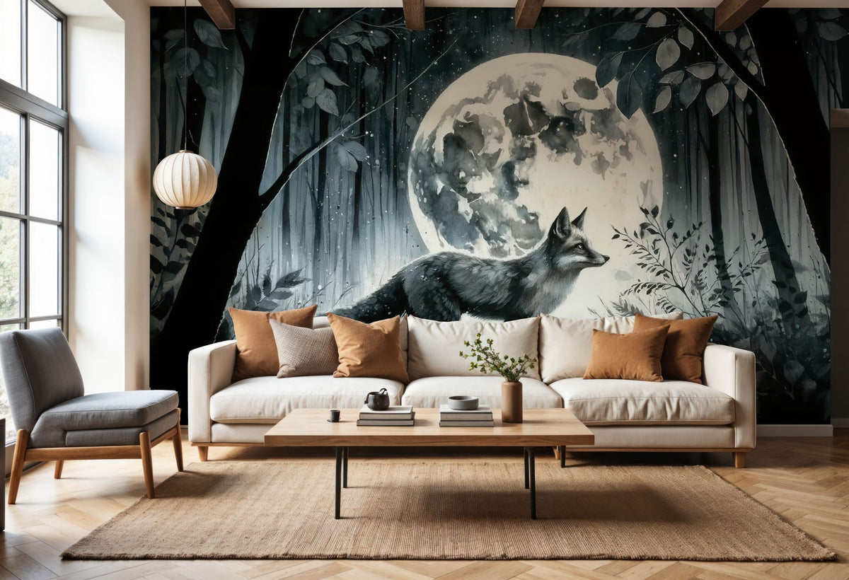 Moonlit Solitude in the Midnight Forest Mural Wallpaper - room preview 06