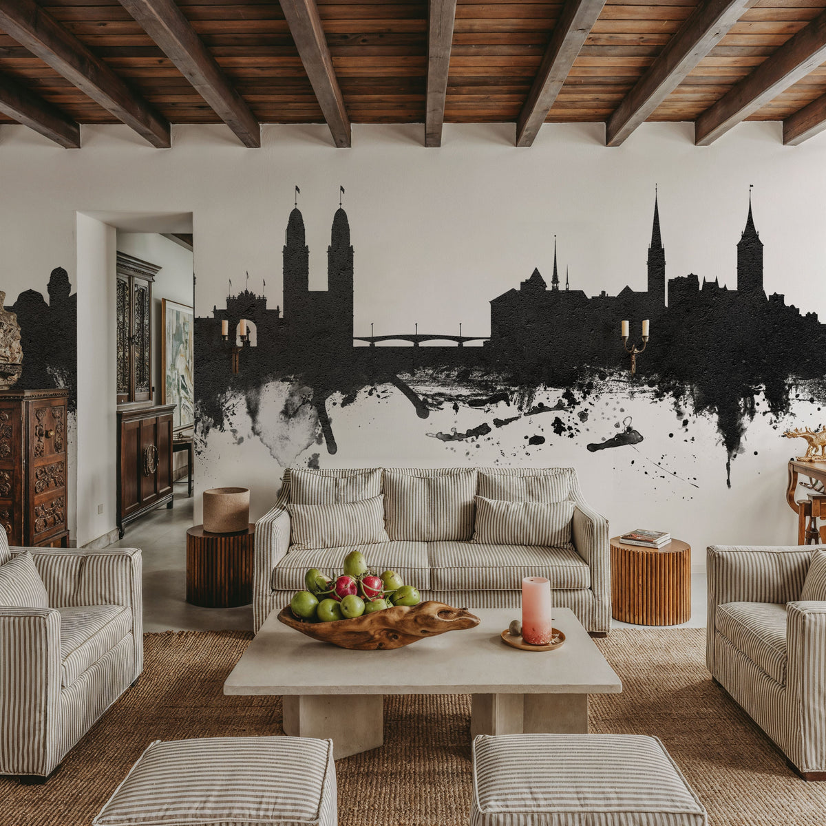 Zurich Switzerland Skyline Black & White Mural Wallpaper - room preview 06