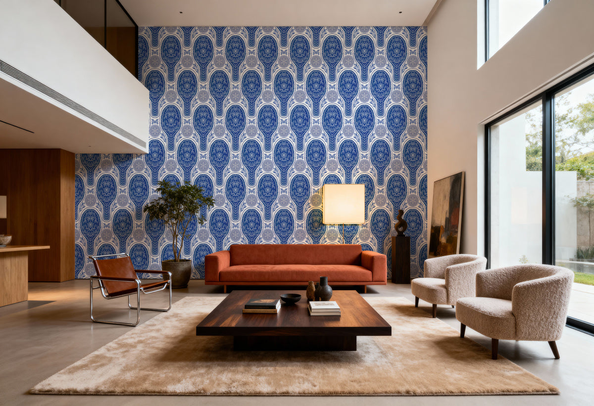 Floral Rackets, Blue Mural Wallpaper - room preview 06