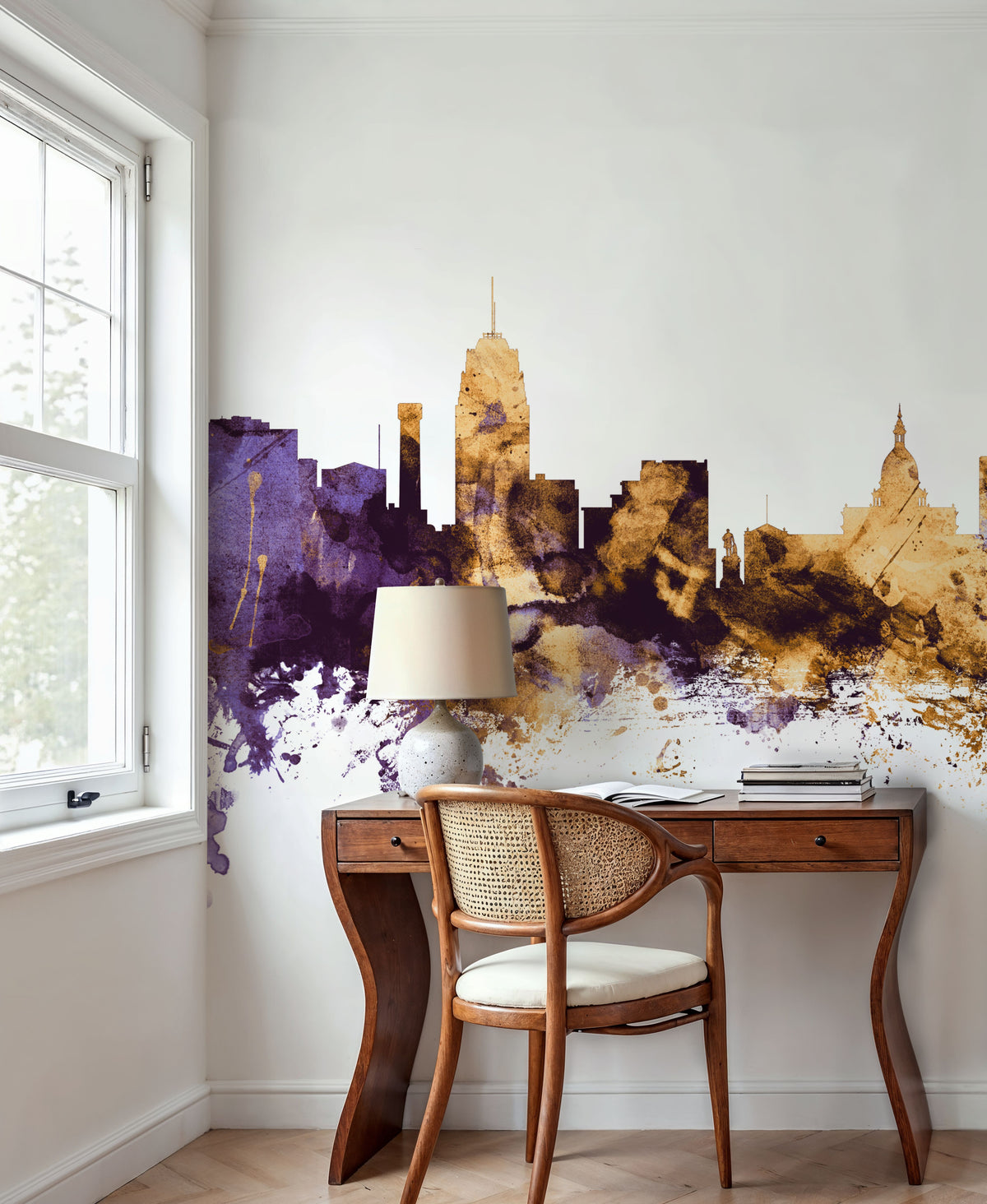 Lansing Michigan Skyline Purple & Gold Mural Wallpaper - room preview 06
