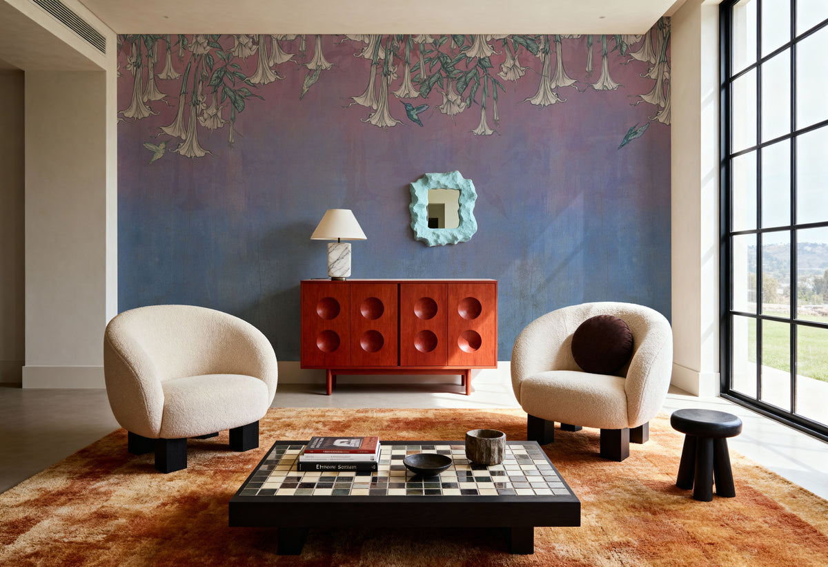 Hummingbirds and Trumpets Pink Blue Mural Wallpaper - room preview 06