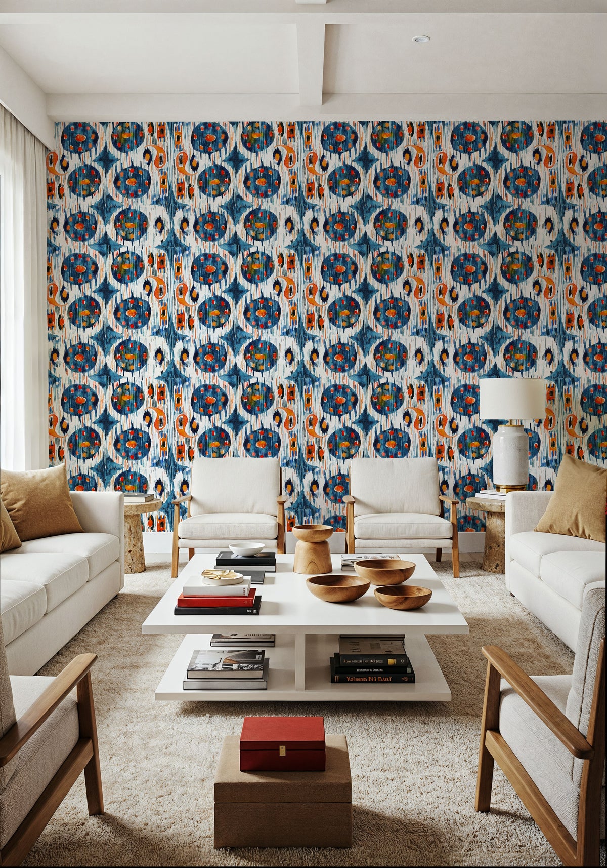 Blue Circle Ikat Mural Wallpaper - room preview 06