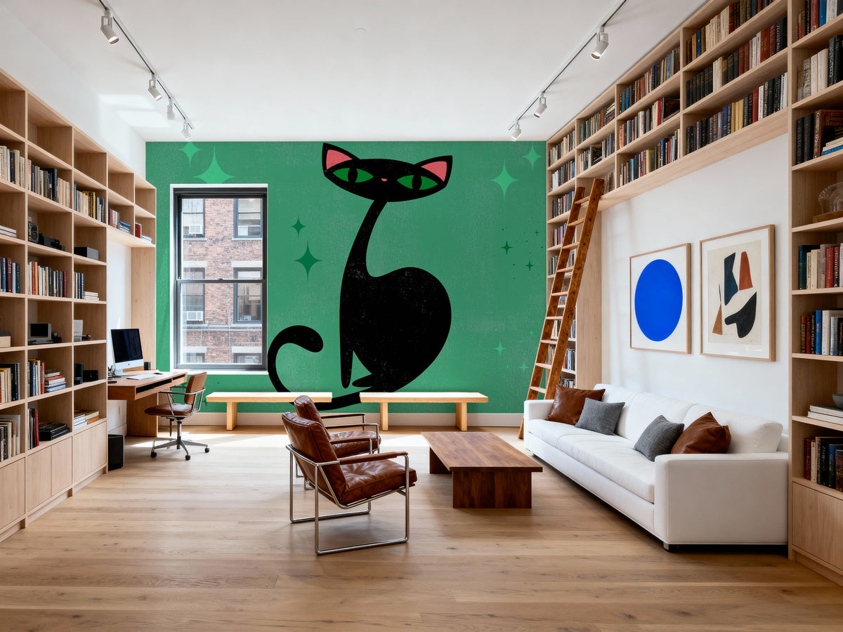 Retro Cat, Green Mural Wallpaper - room preview 06