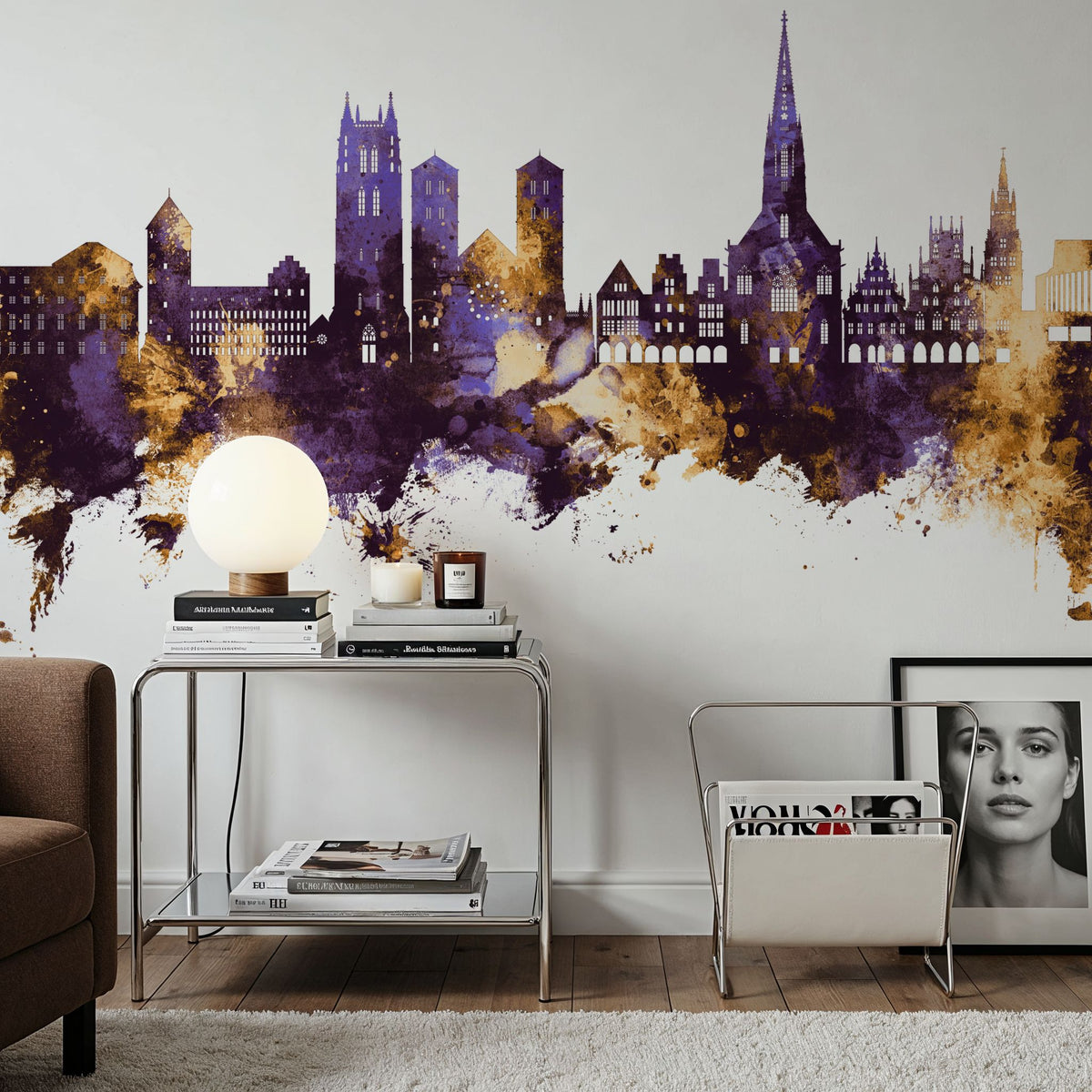 Münster Germany Skyline Purple & Gold Mural Wallpaper - room preview 06