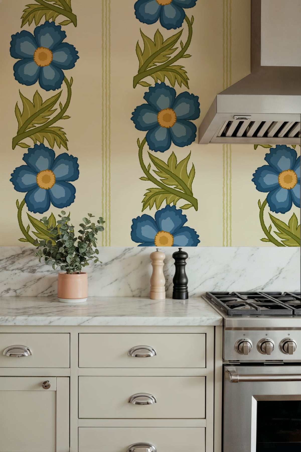 Floral Stripe, Blue Mural Wallpaper - room preview 06
