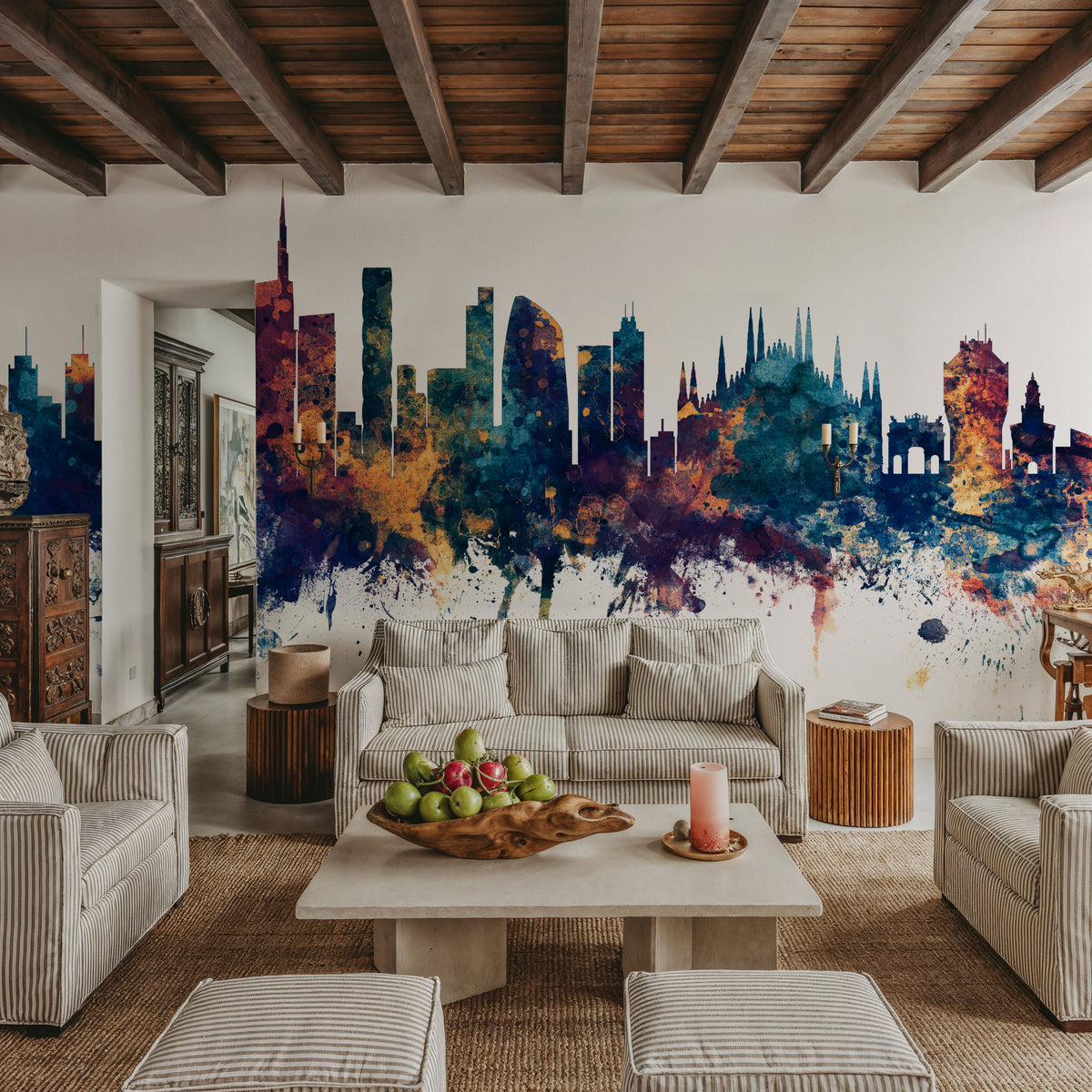 Milan Italy Skyline Blue & Bronze Mural Wallpaper - room preview 06