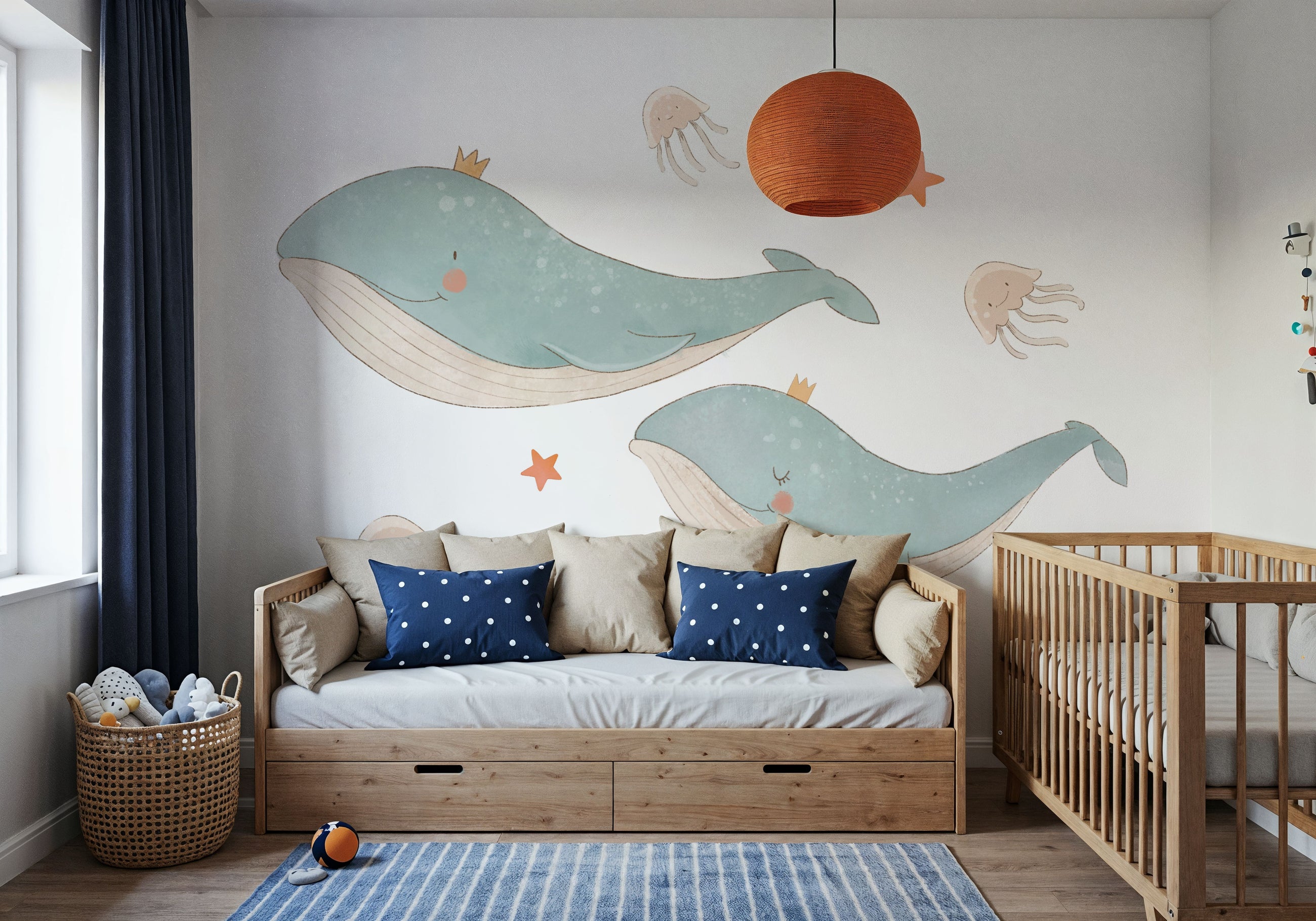 Cute Whales, Jellyfish & Stars Illustration Mural Wallpaper