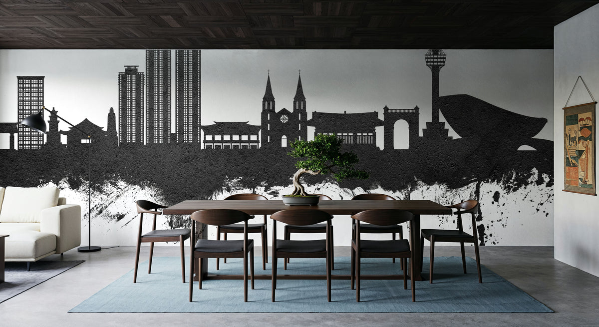 Daegu South Korea Skyline Black & White Mural Wallpaper - room preview 06