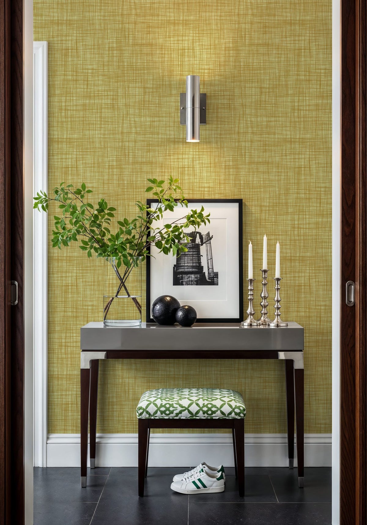 Mottled Linen Effect, Sunflower Yellow Mural Wallpaper - room preview 06